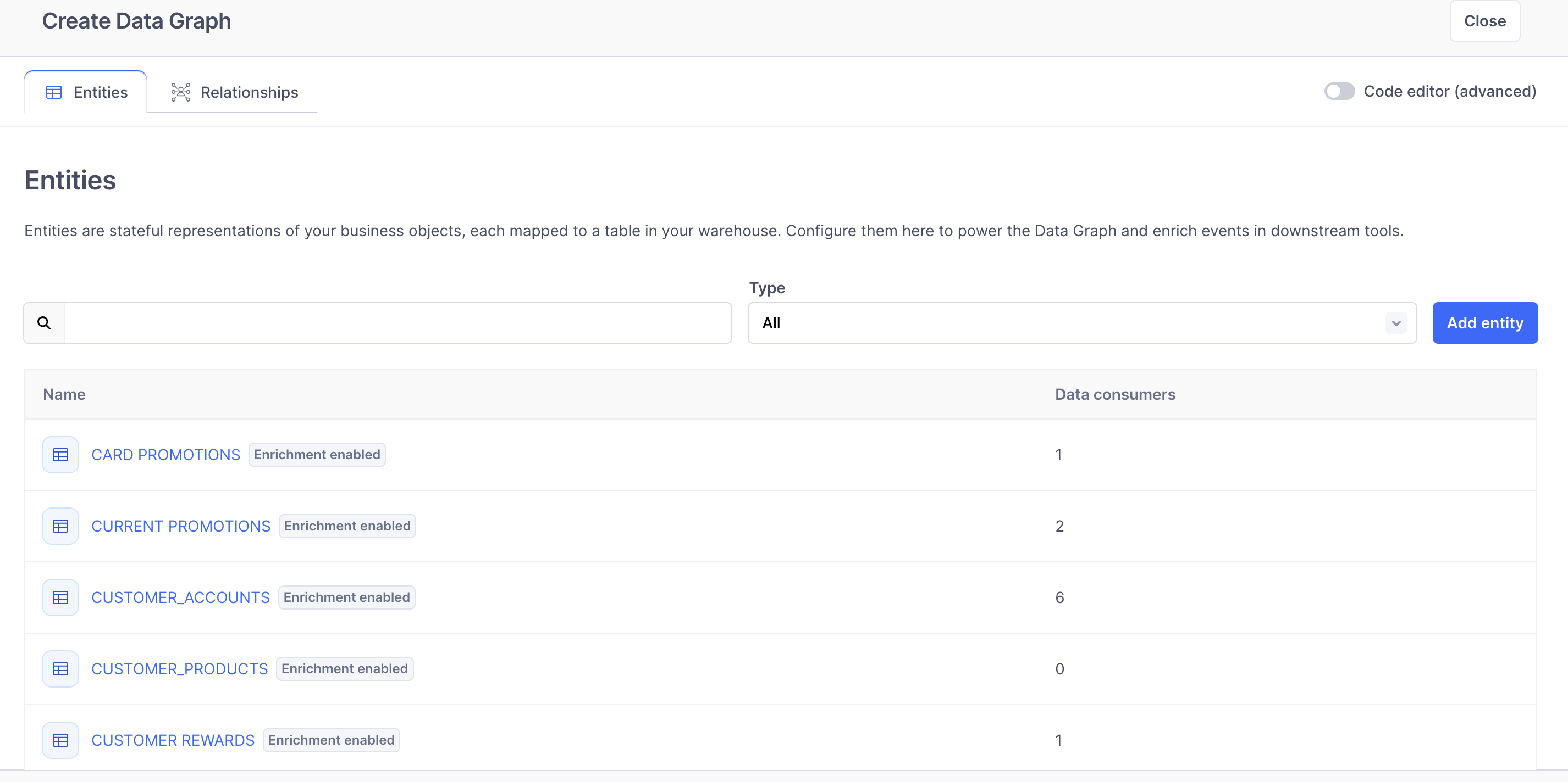 The Entities tab when creating the Data Graph